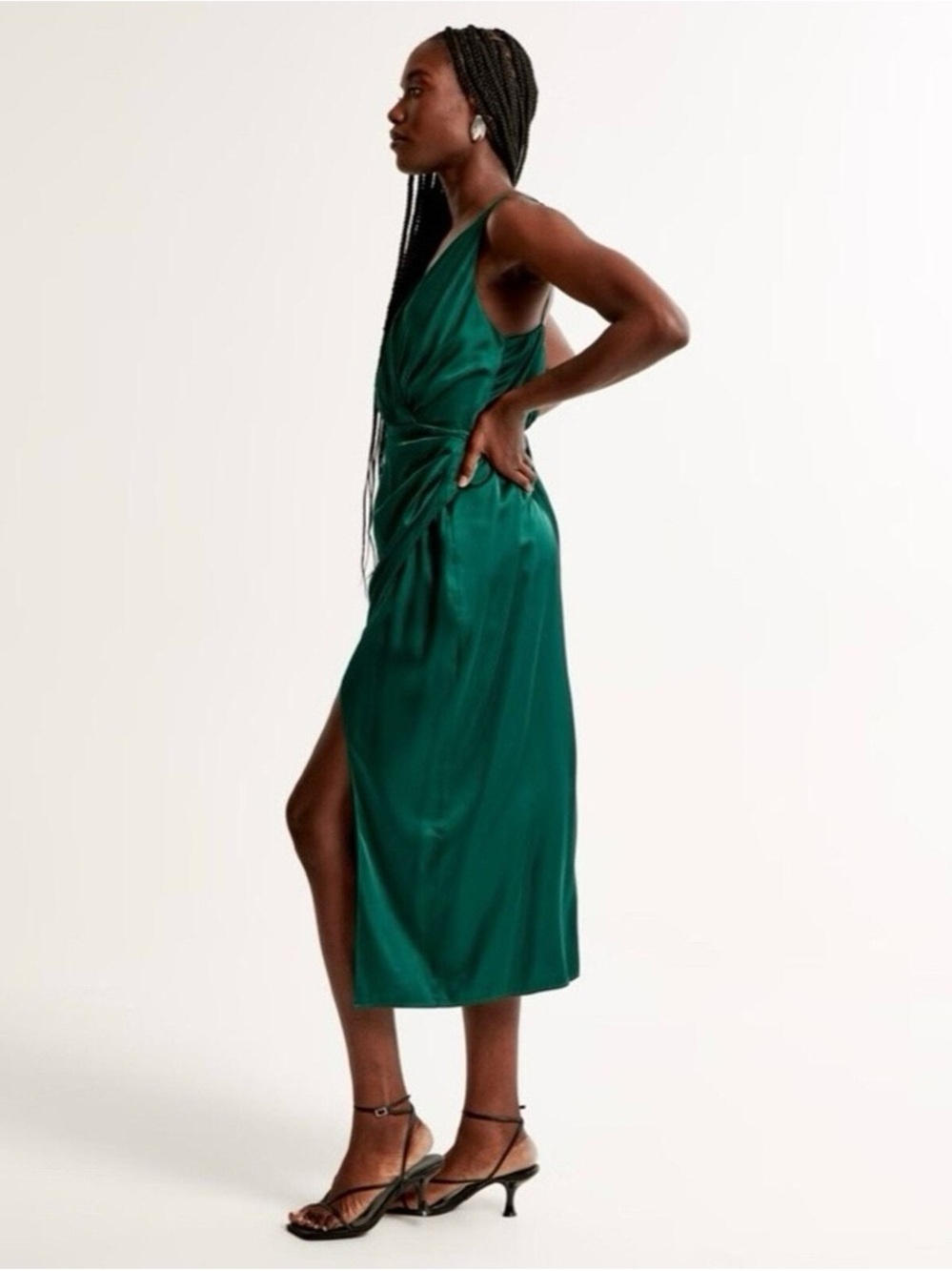 Abercrombie & Fitch Deep Emerald Satin Wrap Midi Dress - Picture 2 of 11